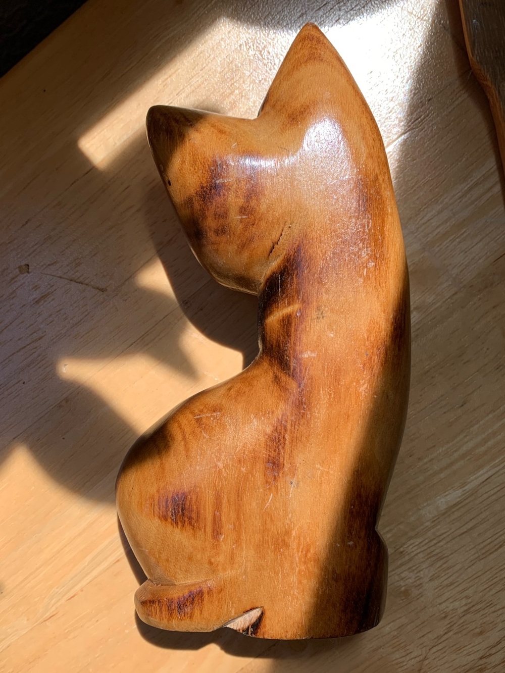 Vintage MCM Hand Carved Wooden Cat Figurine Burnt Wood Art 7.5" - Picture 5 of 11